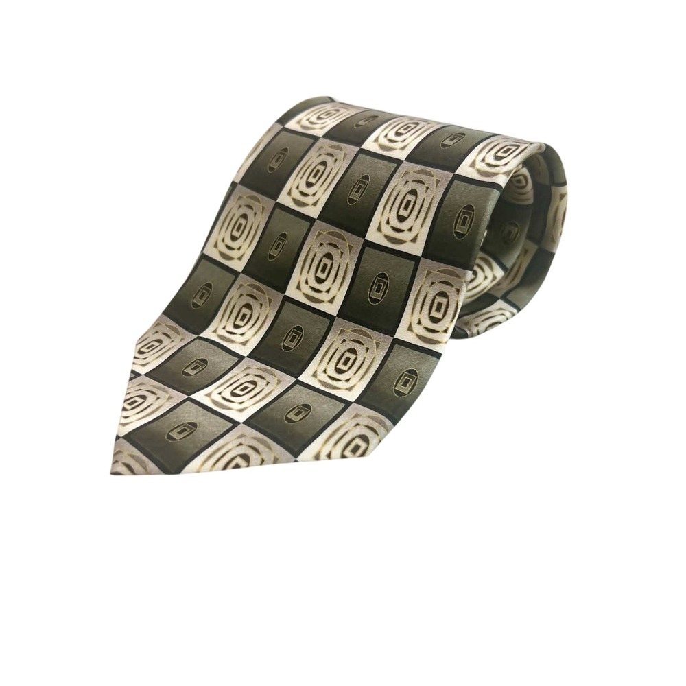 Harve Benard‎ by Bernard Holtzman Mens Silk Geometric Checkered Tie Green Gold
